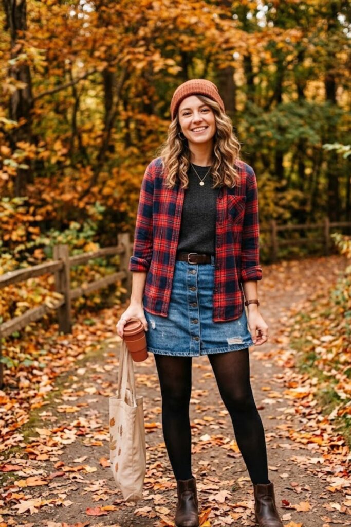 10. Flannel Shirt With Denim Skirt