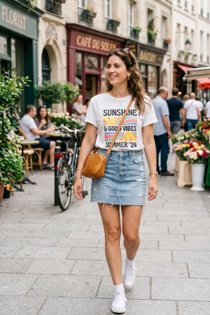 10. Graphic Tee with Denim Skirt