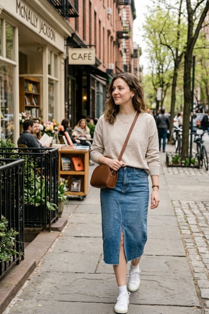 10. Lightweight Sweater with Midi Denim Skirt