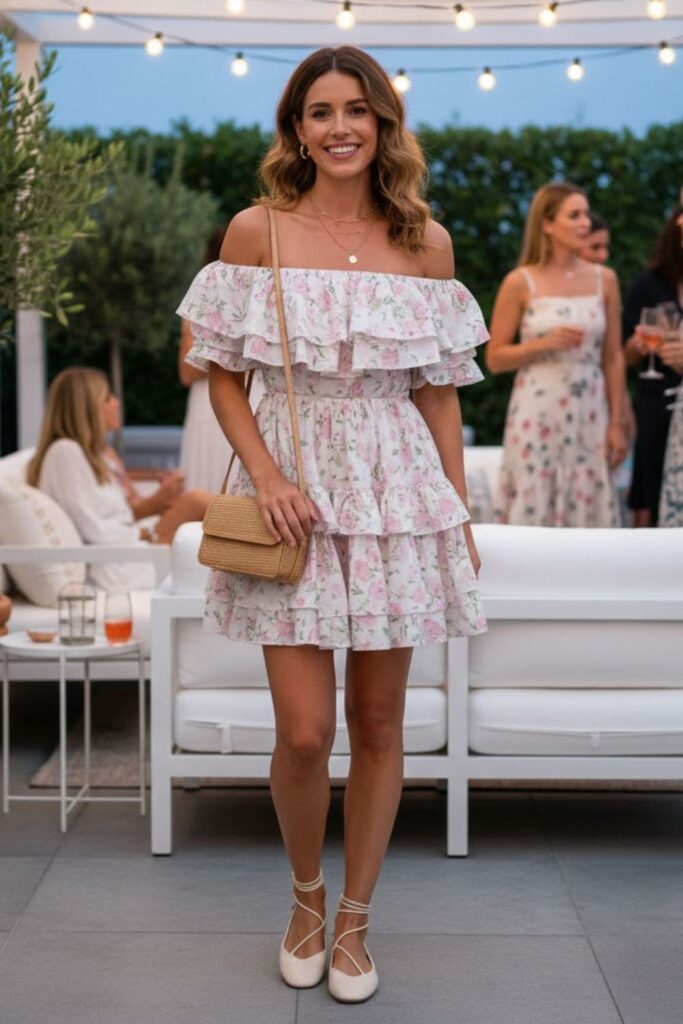 10. Off-Shoulder Mini Dress with Flats