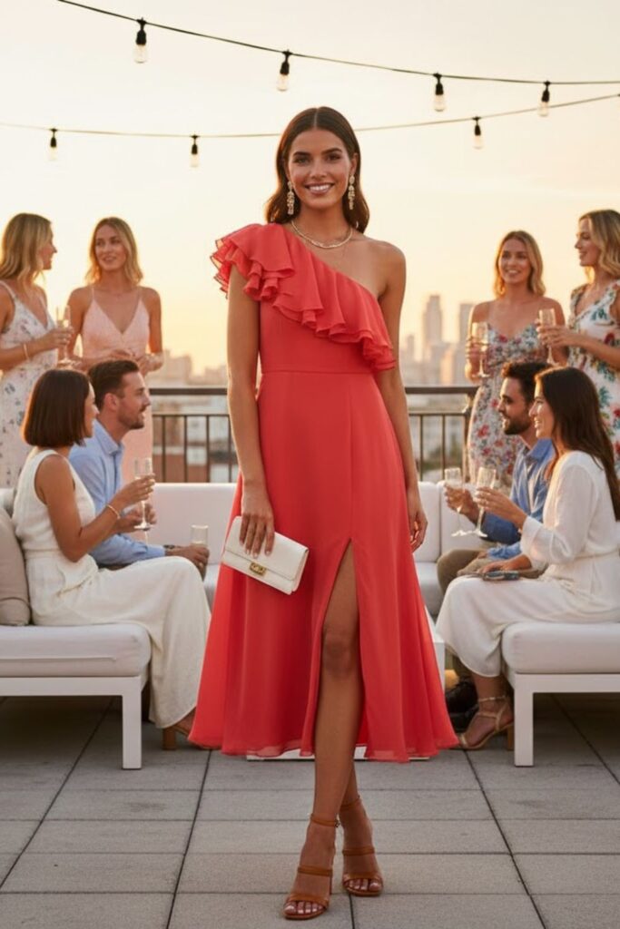 10. One-Shoulder Dress with Strappy Sandals