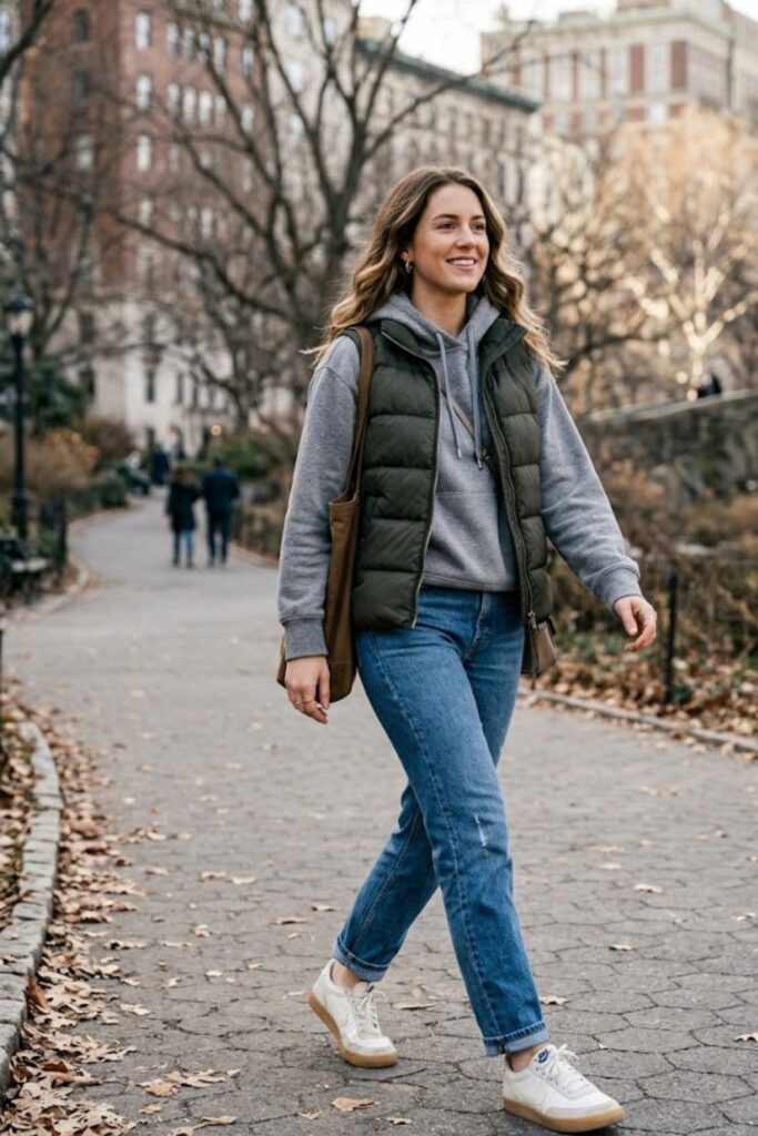 10. Puffer Vest With Hoodie and Jeans