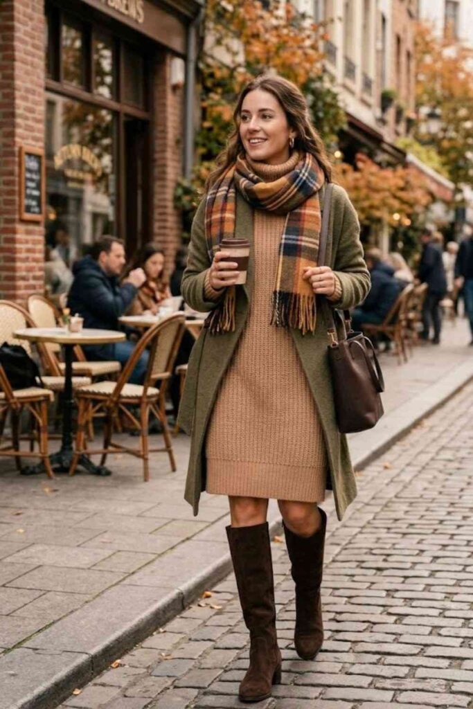 10. Sweater Dress with Tall Boots