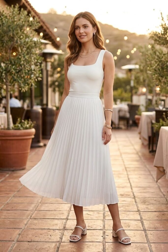 10. White Pleated Midi Skirt with Tank Top
