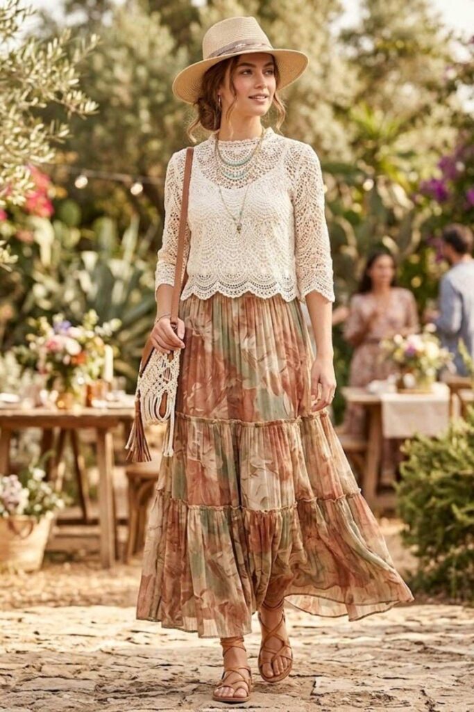 11. Boho-Chic Maxi Skirt with Lace Top