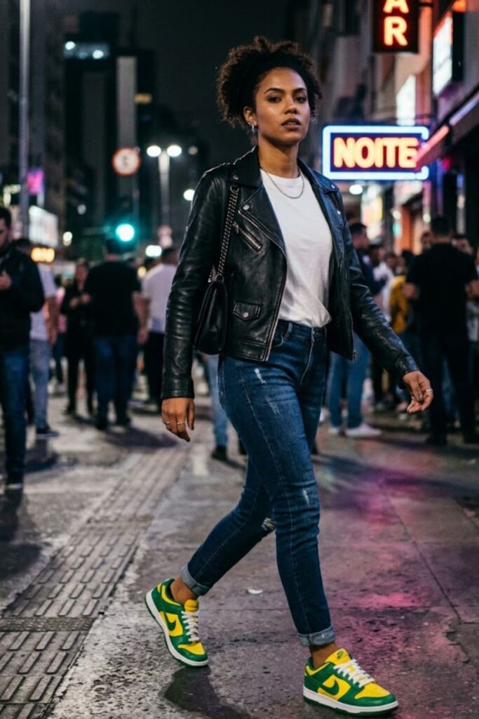 11. Brazil Dunks With Leather Jacket and Jeans