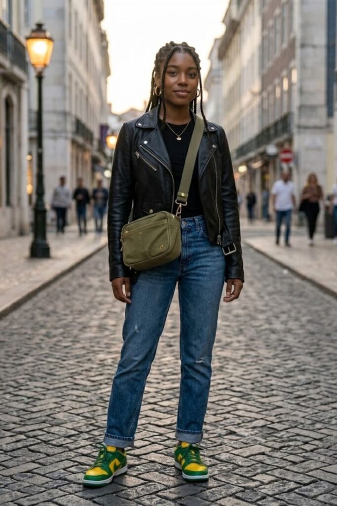 11. Brazil Dunks With Leather Jacket and Jeans
