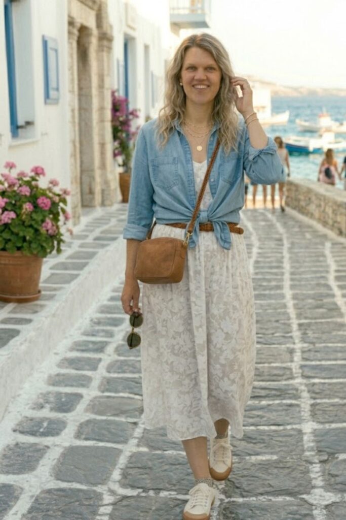 11. Chambray Shirt with Midi Dress