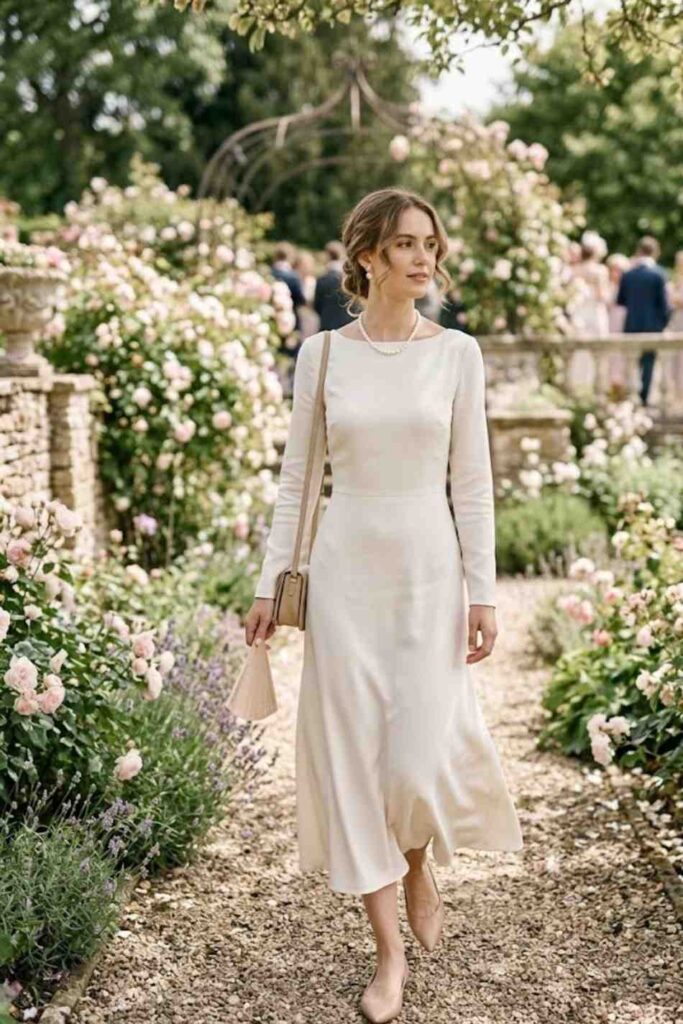 11. Classic Midi Dress with Pearl Accessories