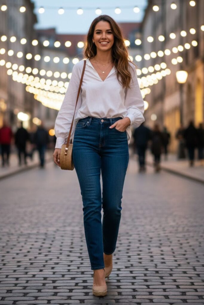 11. Flowy Blouse With High‑Rise Jeans