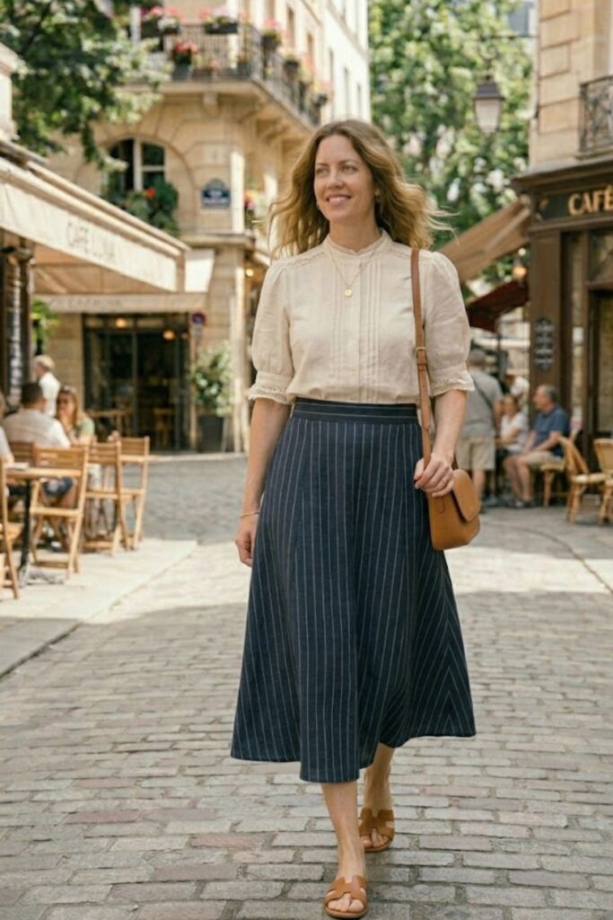 11. High-Neck Blouse with Midi Skirt