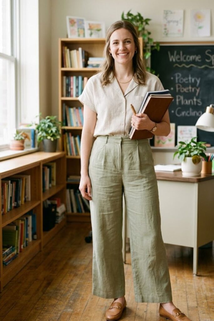 11. Linen Pants with a Tucked Blouse