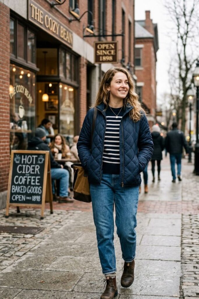 11. Quilted Jacket with Striped Sweater