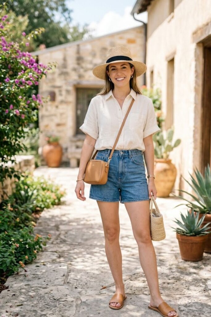 12. Blouse with High-Waisted Shorts