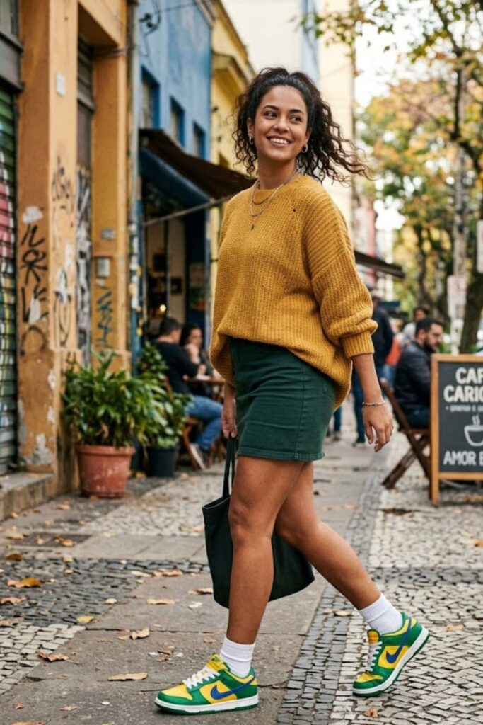 12. Brazil Dunks With Mini Skirt and Oversized Sweater