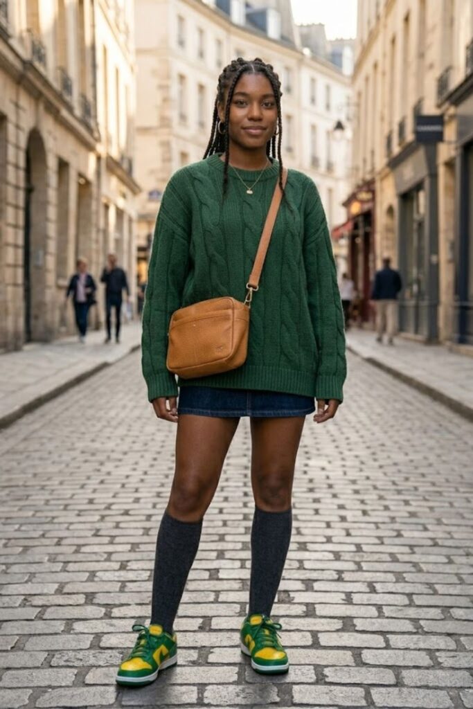 12. Brazil Dunks With Mini Skirt and Oversized Sweater