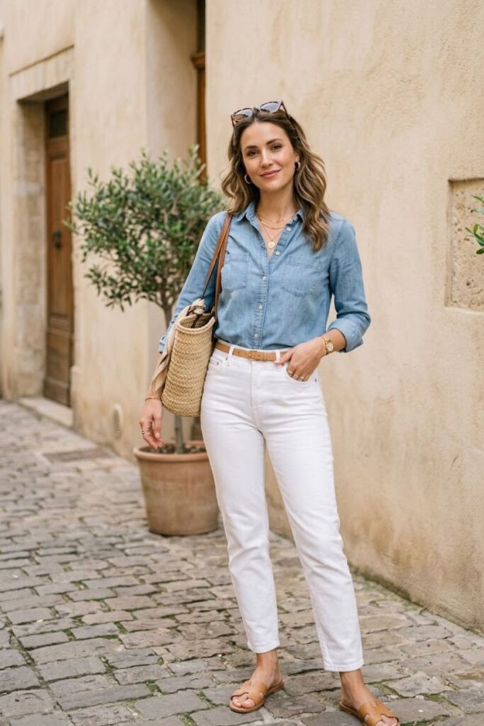 12. Chambray Shirt with White Jeans