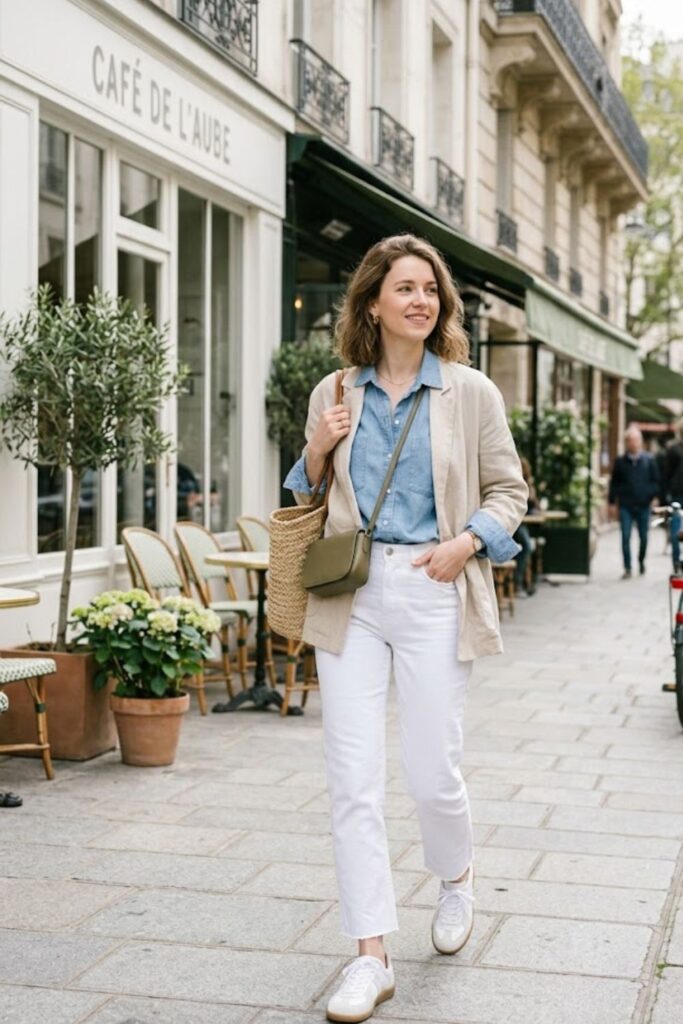 12. Chambray Shirt with White Jeans