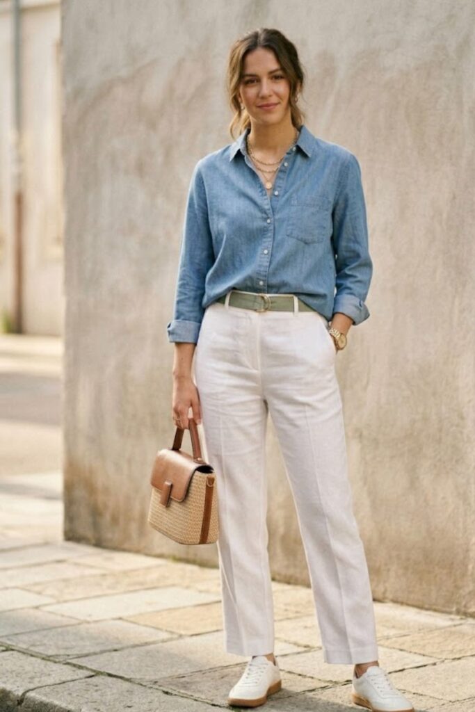 12. Chambray Shirt with White Pants