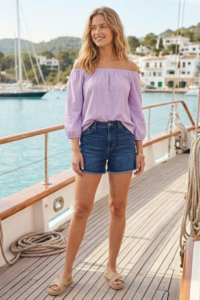 12. Denim Shorts with Lightweight Blouse