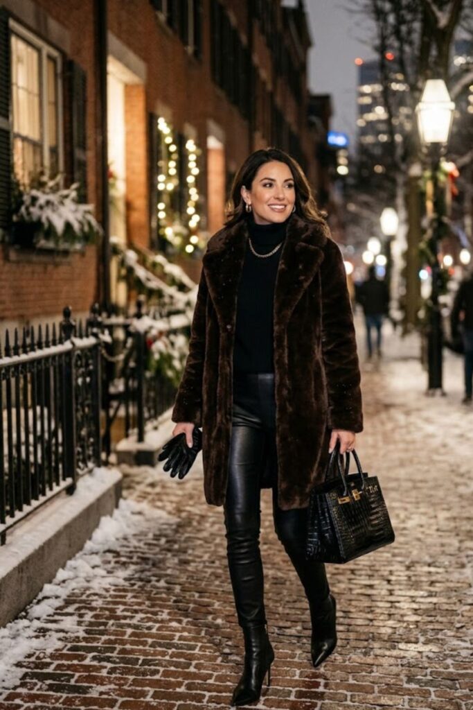 12. Faux Fur Coat with Black Outfit