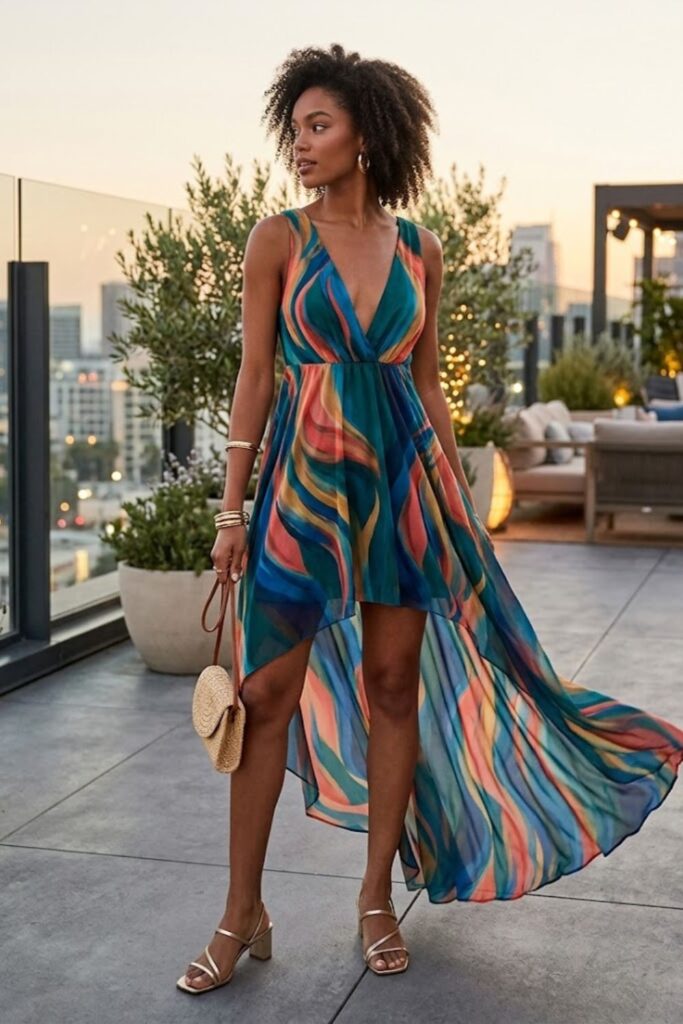 12. High-Low Dress with Metallic Sandals