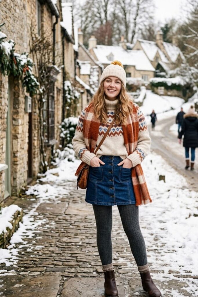 12. Knit Sweater With Denim Skirt and Tights