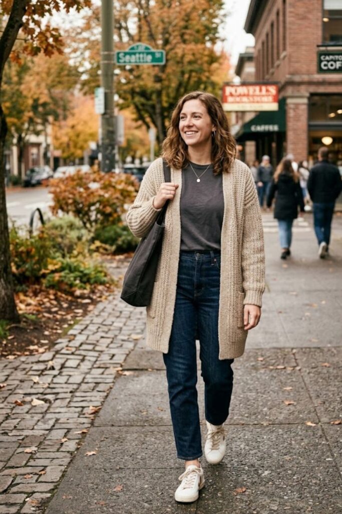 12. Long Cardigan with Jeans and Tee