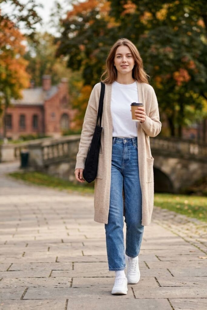 12. Long Cardigan with Jeans and Tee