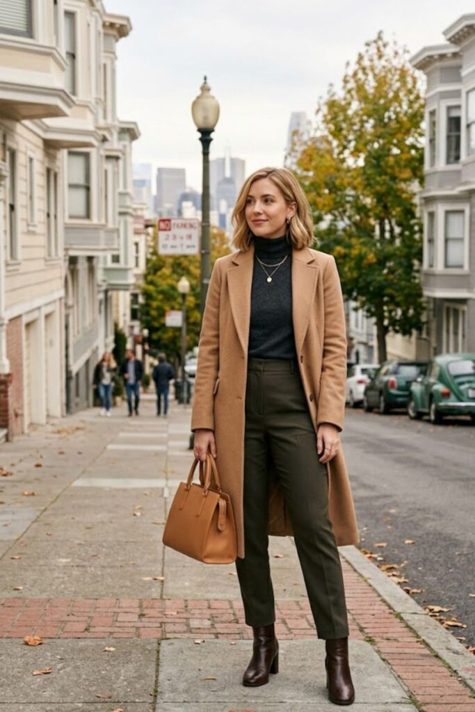 12. Long Coat With Turtleneck and Pants
