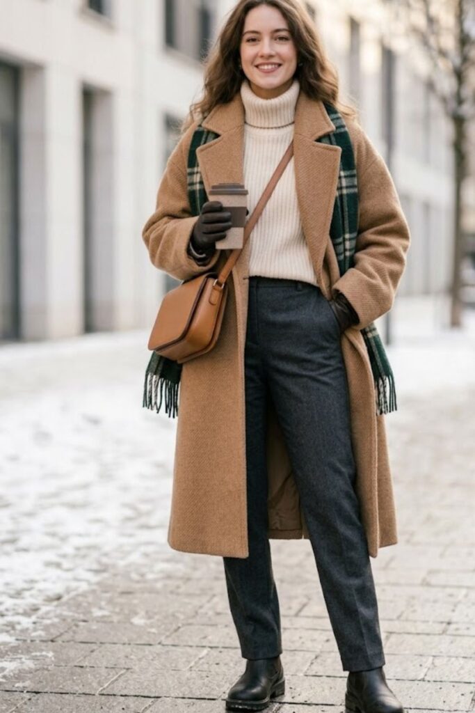 12. Oversized Coat with Knit Top and Straight Pants