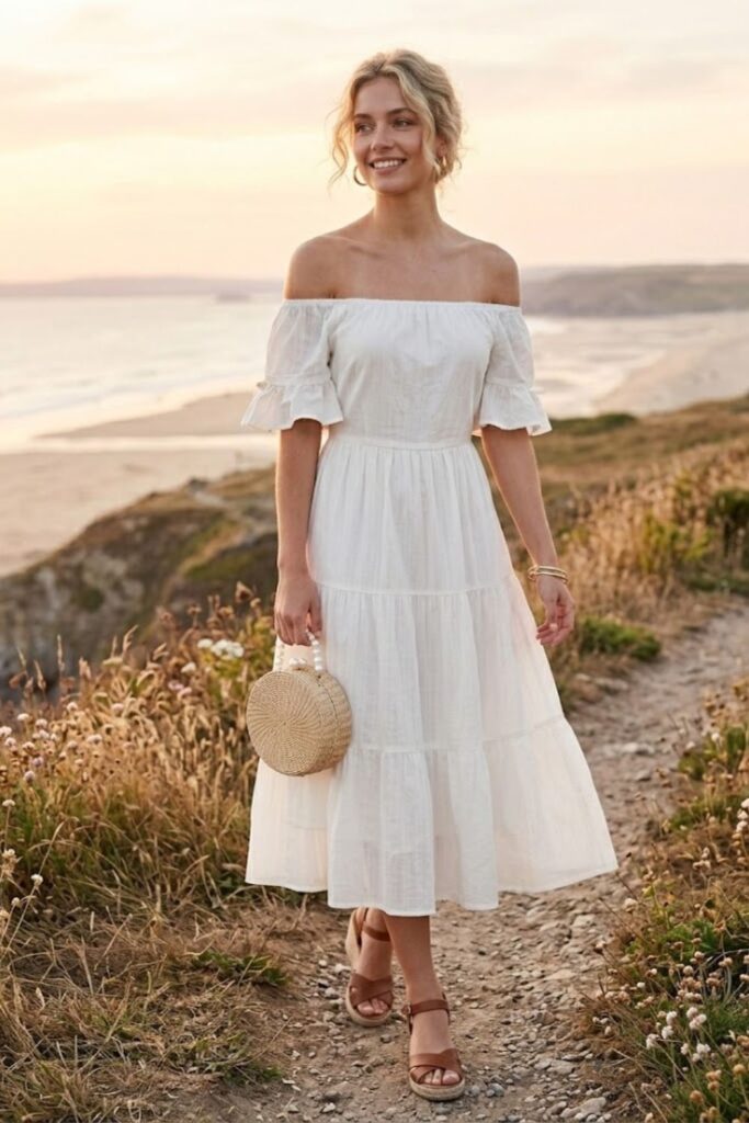 12. White Off-Shoulder Dress with Wedges