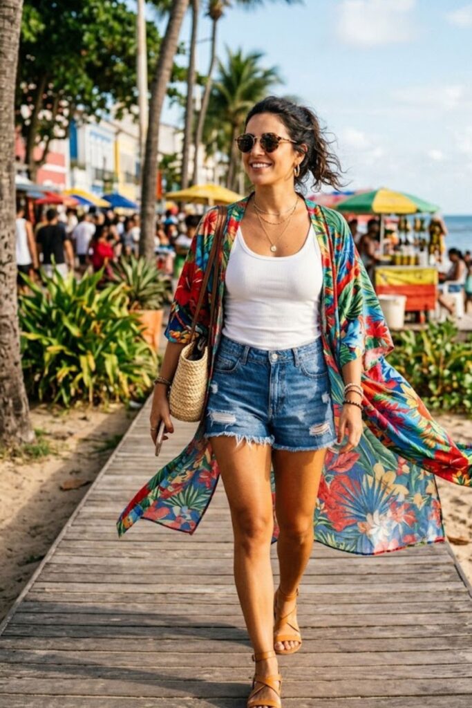 13. Kimono Cover-Up With Tank and Shorts