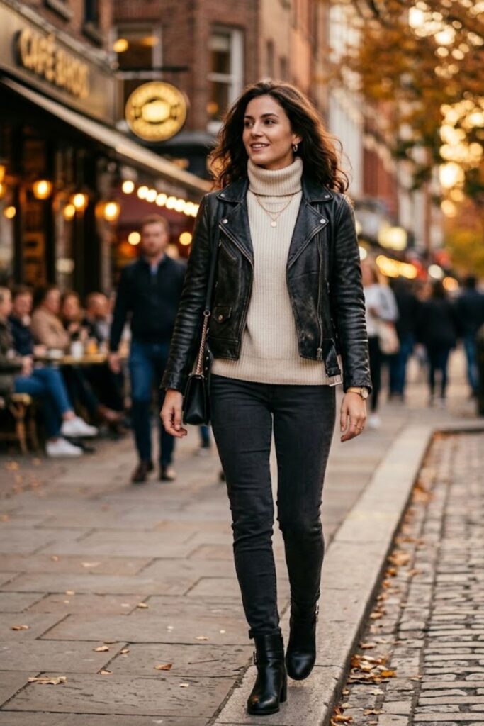 13. Leather Jacket with Turtleneck and Pants
