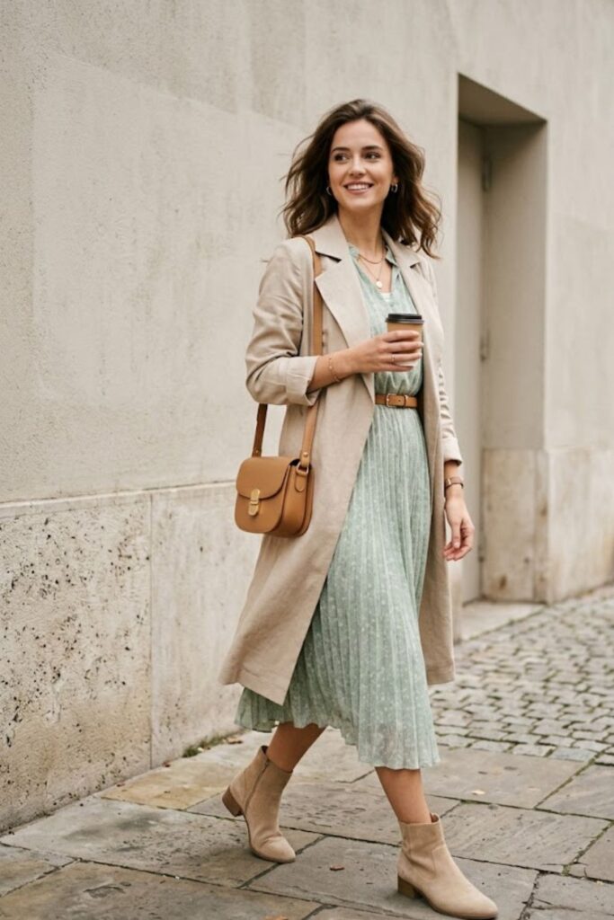 13. Lightweight Coat with Midi Dress