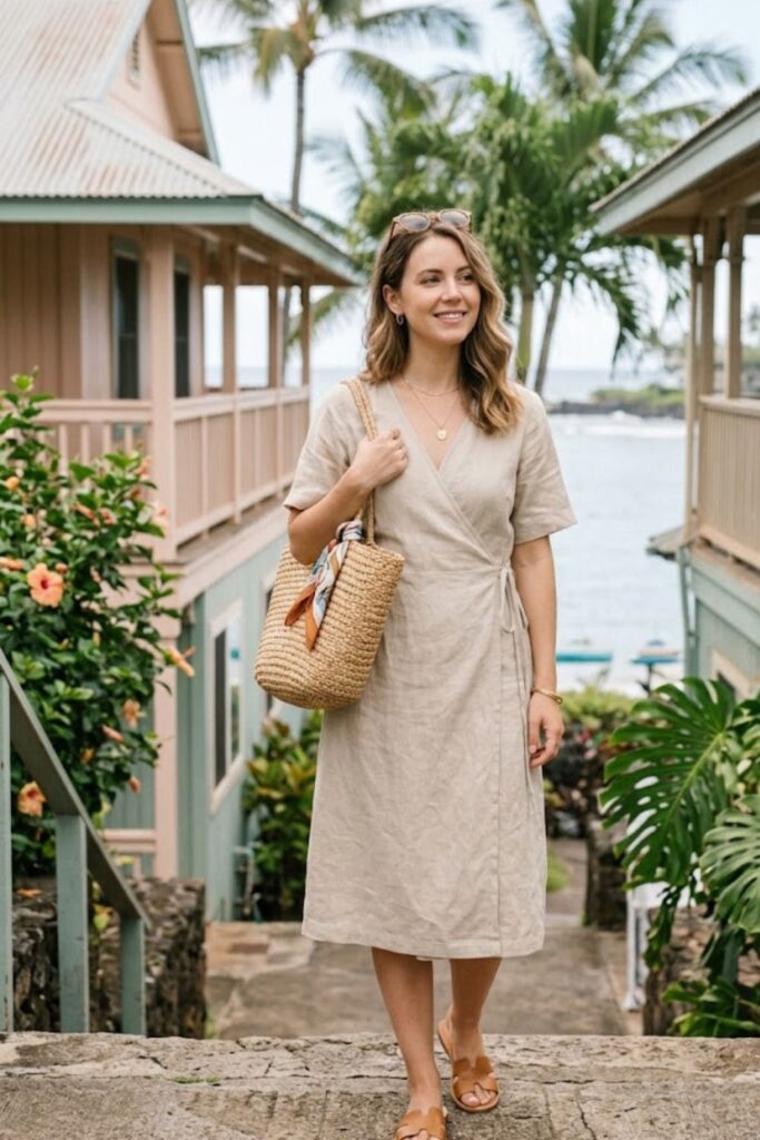 13. Linen Dress with Straw Bag