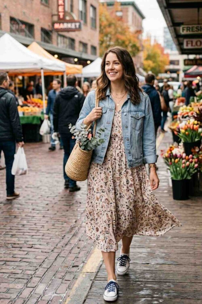 13. Midi Dress with Denim Jacket