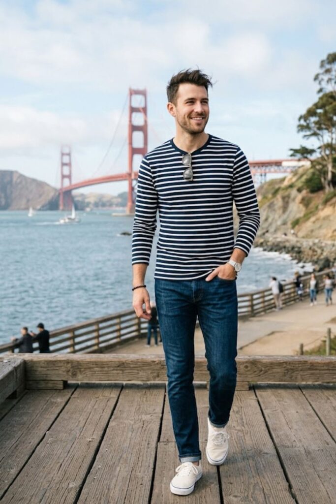 13. Striped Long-Sleeve Tee With Slim Jeans