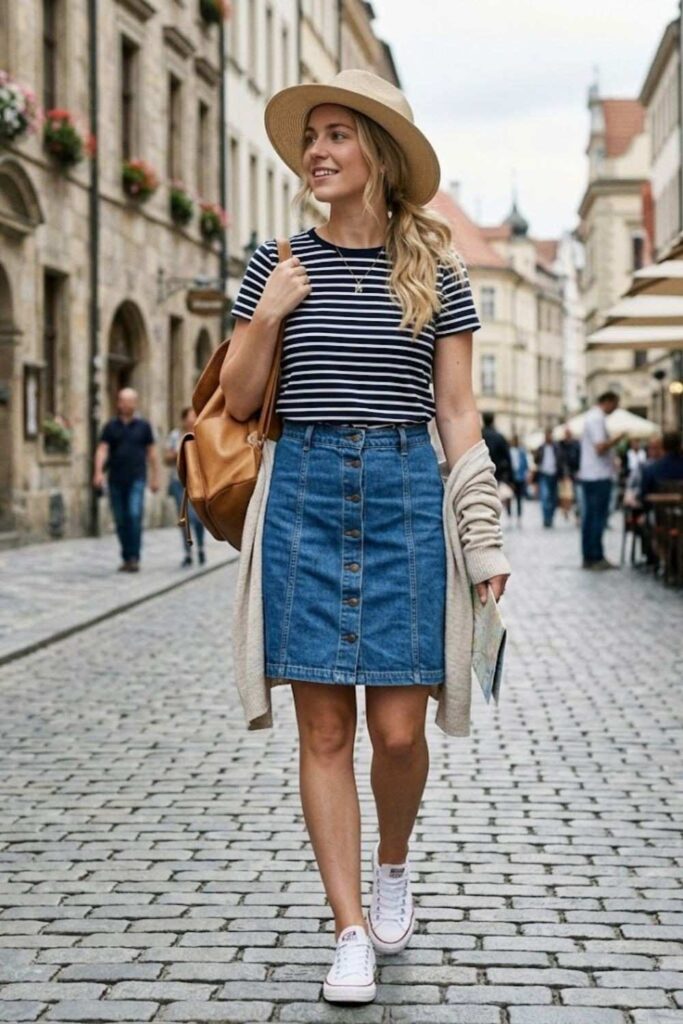13. Striped Tee with Denim Skirt