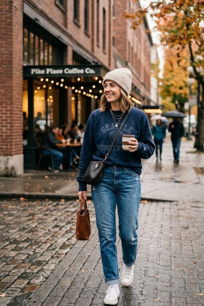 13. Sweatshirt with Jeans and Sneakers