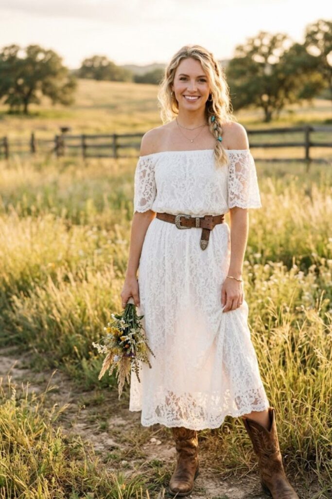 13. White Lace Dress With Cowboy Boots