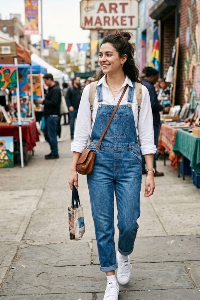 14. Button-Up Shirt with Denim Overalls