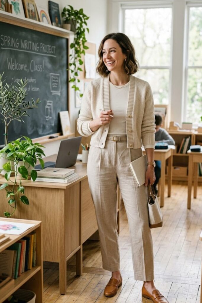 14. Cropped Cardigan with High Waist Trousers