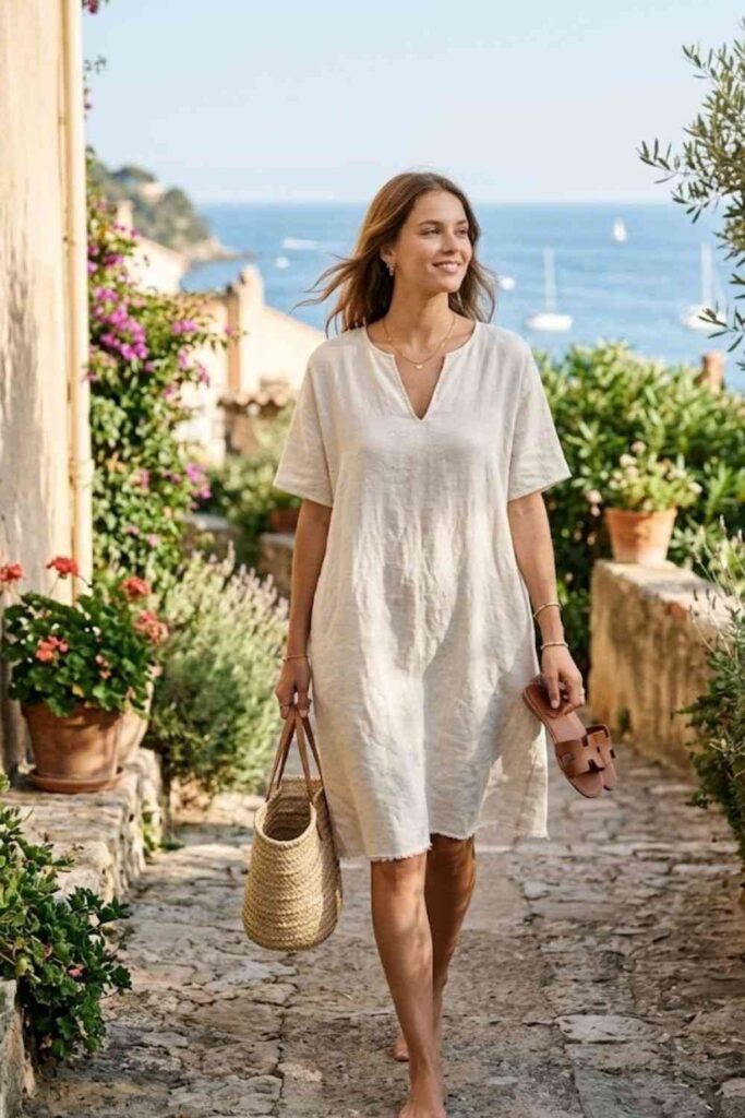 14. Linen Shift Dress with Sandals