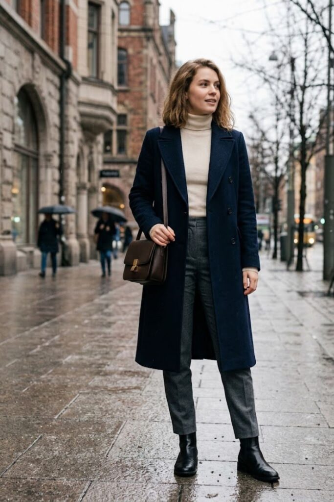 14. Long Coat with Turtleneck and Pants