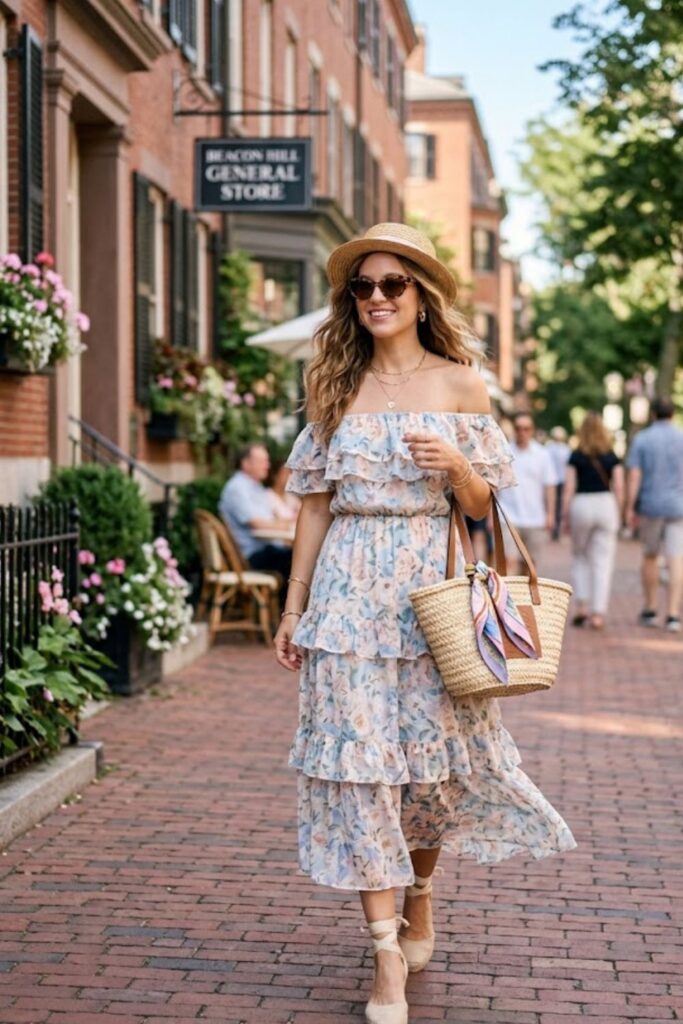 14. Off-Shoulder Dress With Espadrilles