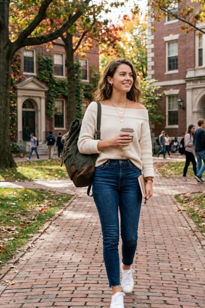 14. Off-Shoulder Sweater With Jeans