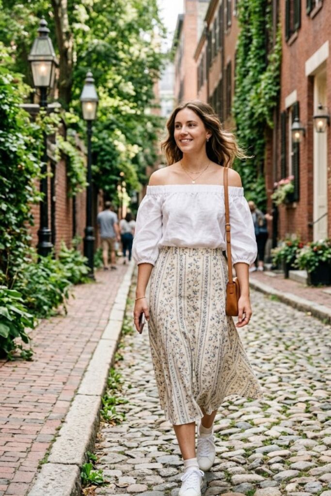 14. Off-Shoulder Top With High-Waisted Skirt