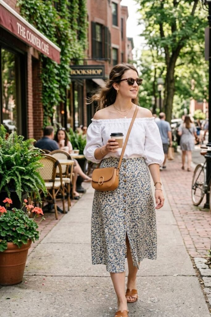 14. Off-Shoulder Top With High-Waisted Skirt
