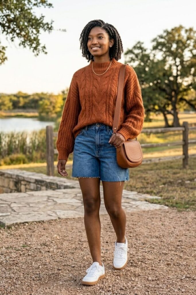 14. Oversized Sweater With Denim Shorts